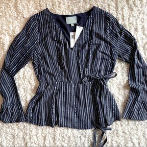 NWT Skies are Blue Bell Sleeve Faux Wrap Peplum Blouse Blue & Gold Shimmer